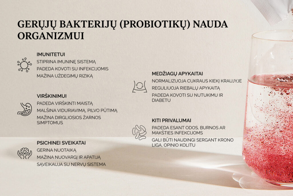 Gerųjų bakterijų (probiotikų) nauda: palaiko imuninę sistemą, virškinimą, psichinę sveikatą, medžiagų apykaitą ir padeda esant įvairioms infekcijoms