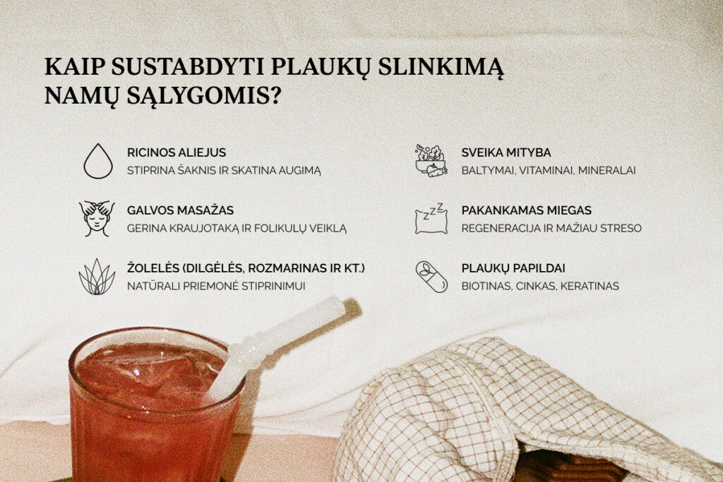 Kaip sustabdyti plaukų slinkimą namų sąlygomis: ricinos aliejus, galvos masažas, žolelės, mityba, miegas ir papildai