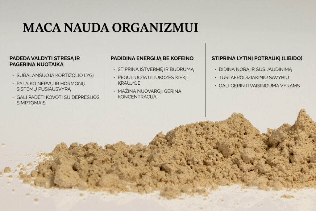 Maca nauda: padeda valdyti stresą, didina energiją be kofeino ir stiprina lytinį potraukį (libido)