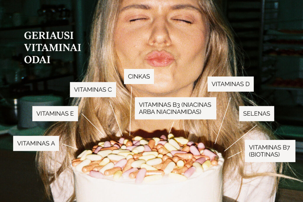 Geriausi vitaminai odai: vitaminas A, E, C, cinkas, selenas, vitaminas B3, B7 ir vitaminas D.