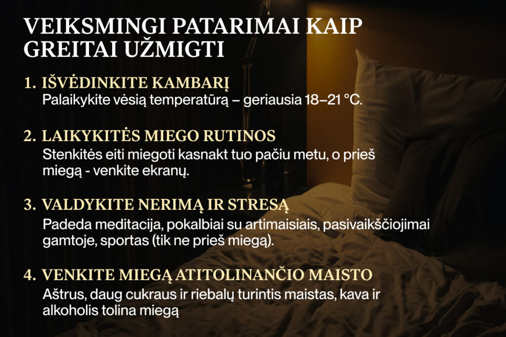 Veiksmingi patarimai kaip greitai užmigti